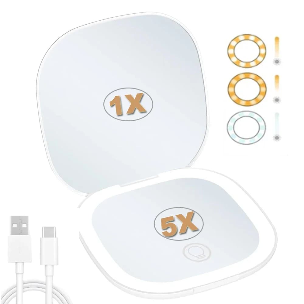 LED Travel Makeup Mirror 3.5inch Lighted Compact Mirror with 1X/5X Magnifying 2 Sided 3 Colors Portable for Handbag Purse Gift