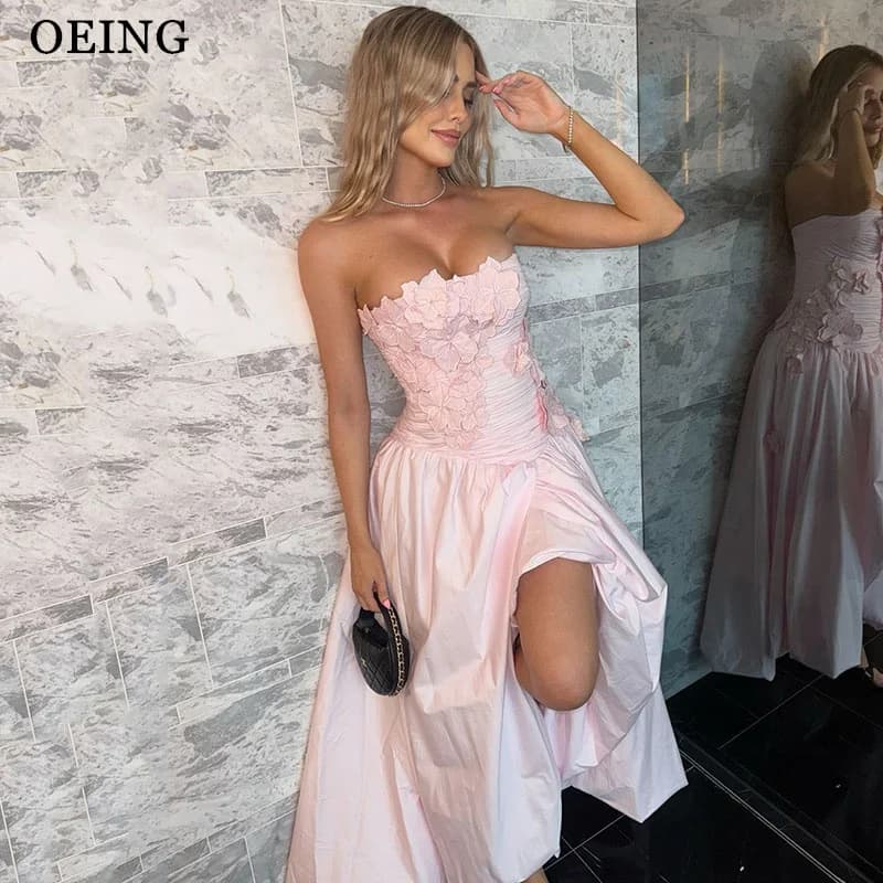 OEING Light Pink A-Line Prom Dresses Strapless Appliques Party Gowns Pleats Ankle-Length Evening Dress 2025 Customized