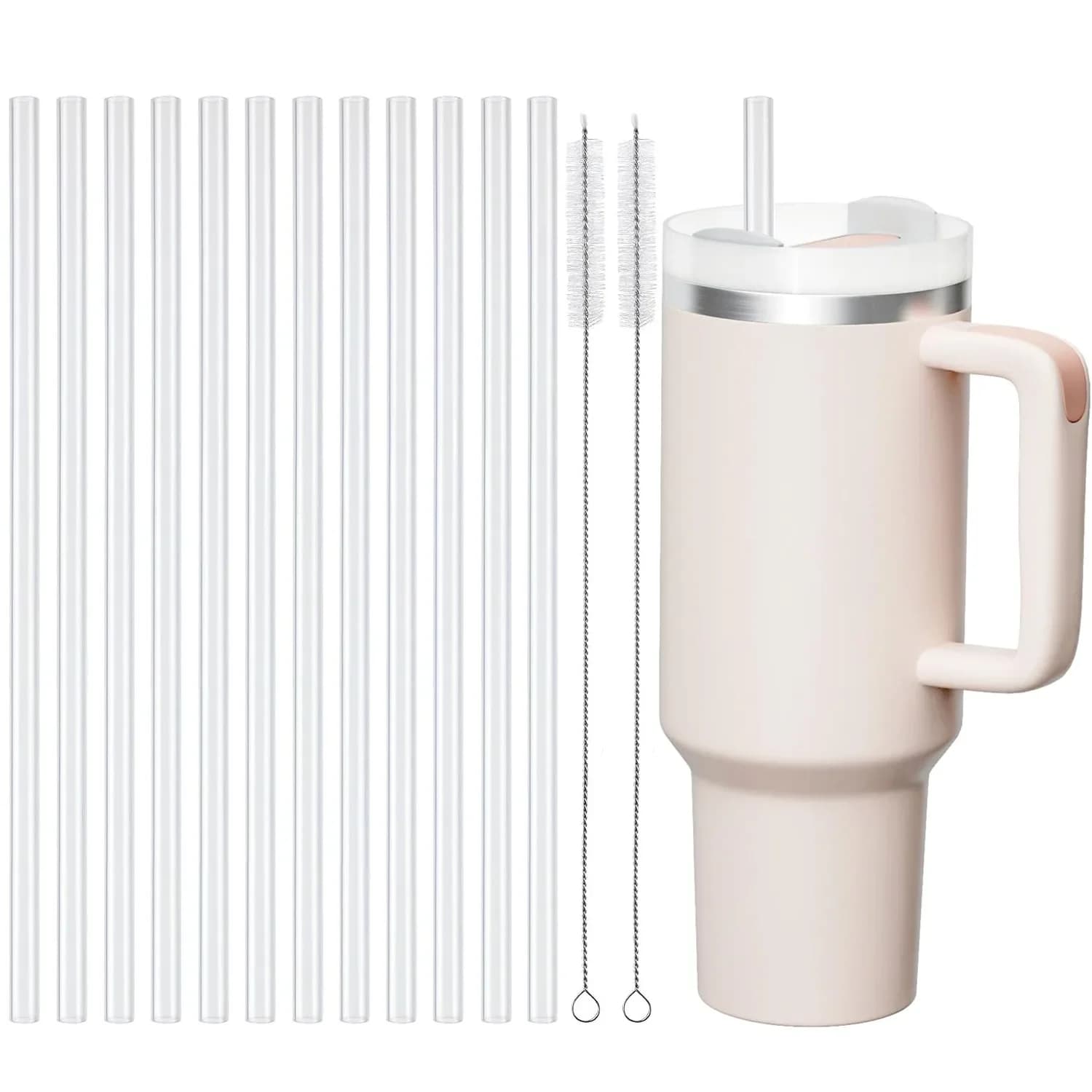Replacement Straws for Stanley 40 oz Cup Tumbler, 12 Pack Clear Reusable Plastic Straws, 2 Straw Brushes,for Stanley Cup
