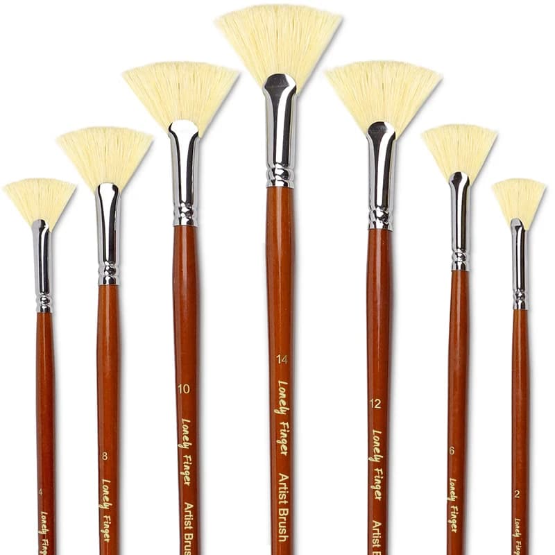 Artist Fan Paint Brush Set of 7, White Hog Bristle Natural Hair Anti-Shedding Brush Tips, Long Handle for Acrylic Oil Painting