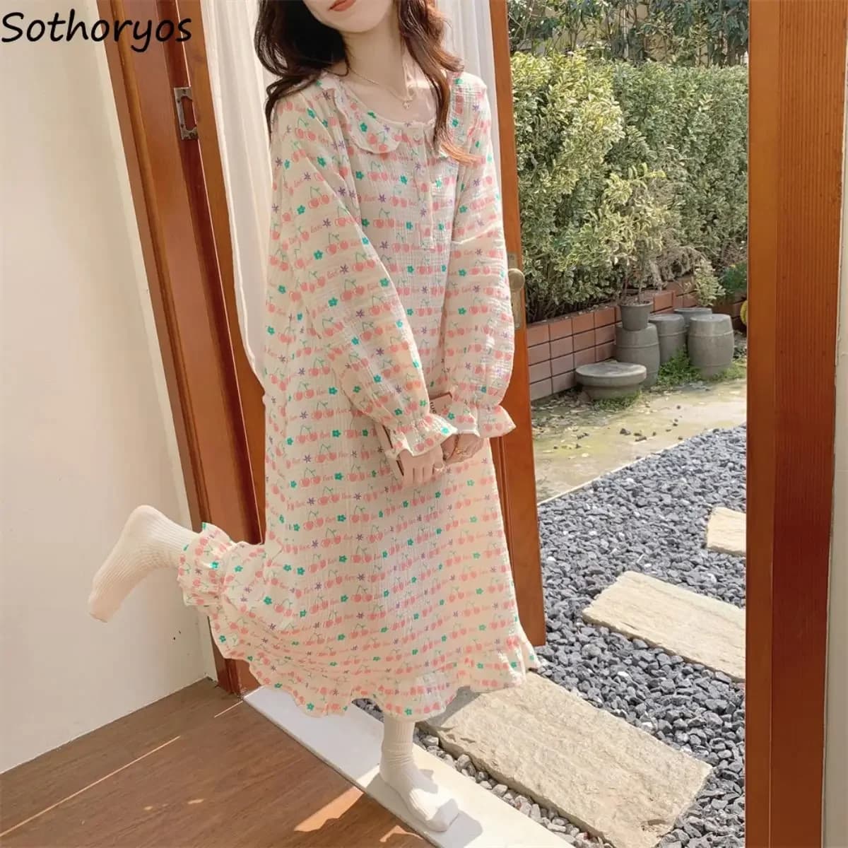 Lovely Nightgown Women Printed Spring Homewear Sweet Girls Sleepwear Soft Midi Night Dress Mujer Outwear Temper Loungewear Chic