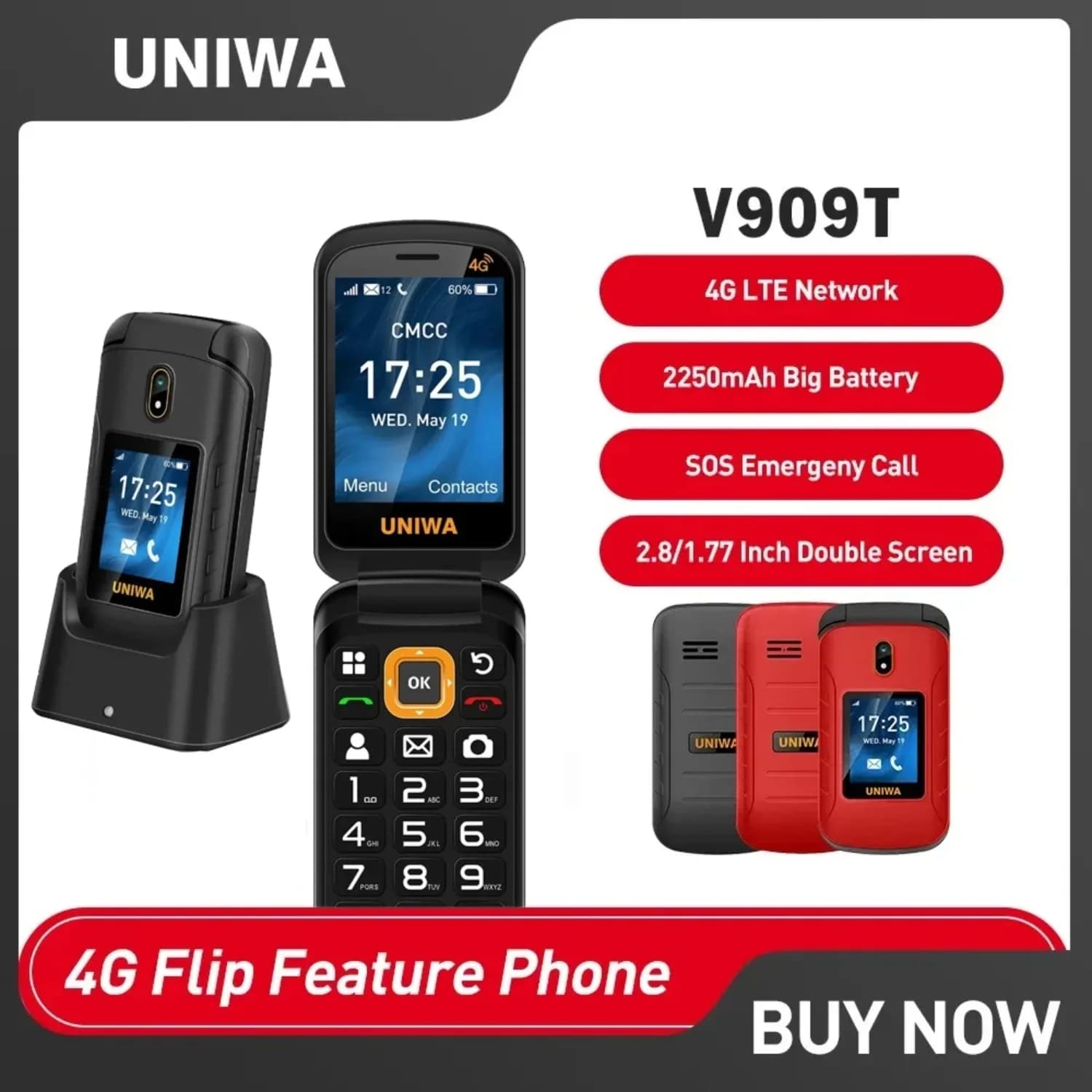 UNIWA V909T 4G Flip Phone Dual Screen Cellphone Big Push-Button Mobile Phone for Elderly 2250mAh Russian Hebrew Arabic Keyboard