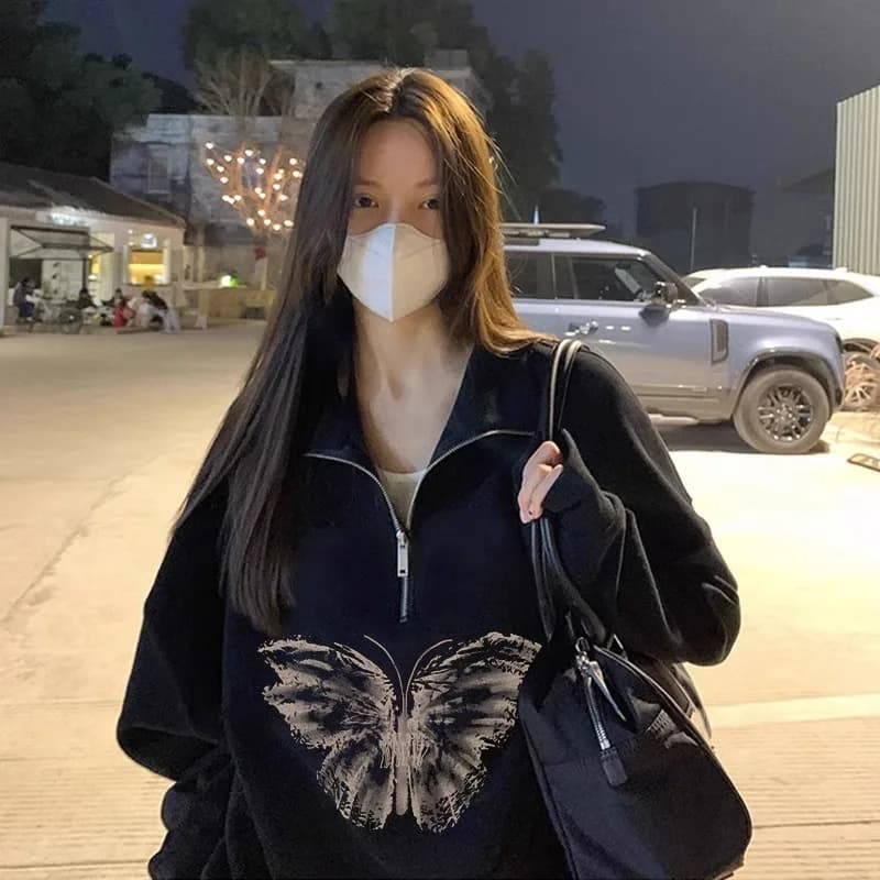 Y2K Gothic Print Oversize Zip Up Hoodies Winter New Grunge Half Zipper Sweatshirt Casual Hooded Jacket Streetwear 후드티