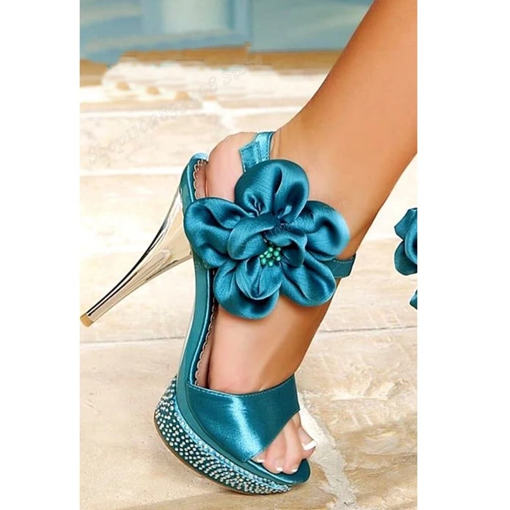 Peacock Blue Silk Flowers Crystal Sandals Peep Toe Stiletto High Heel Elegant Style Women Shoes 2024 Summer Zapatos Para Mujere