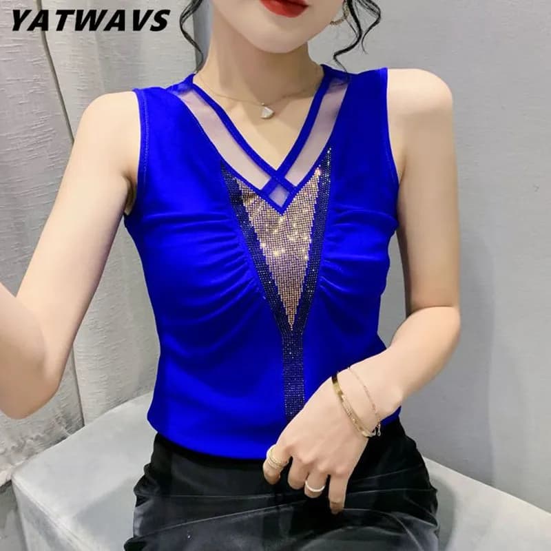 New Chic Summer Sleeveless Women Tank T-Shirt Fashion Casual V-Neck Hot Diamonds Sexy Hollow Out Tees Female Elasticity Tops