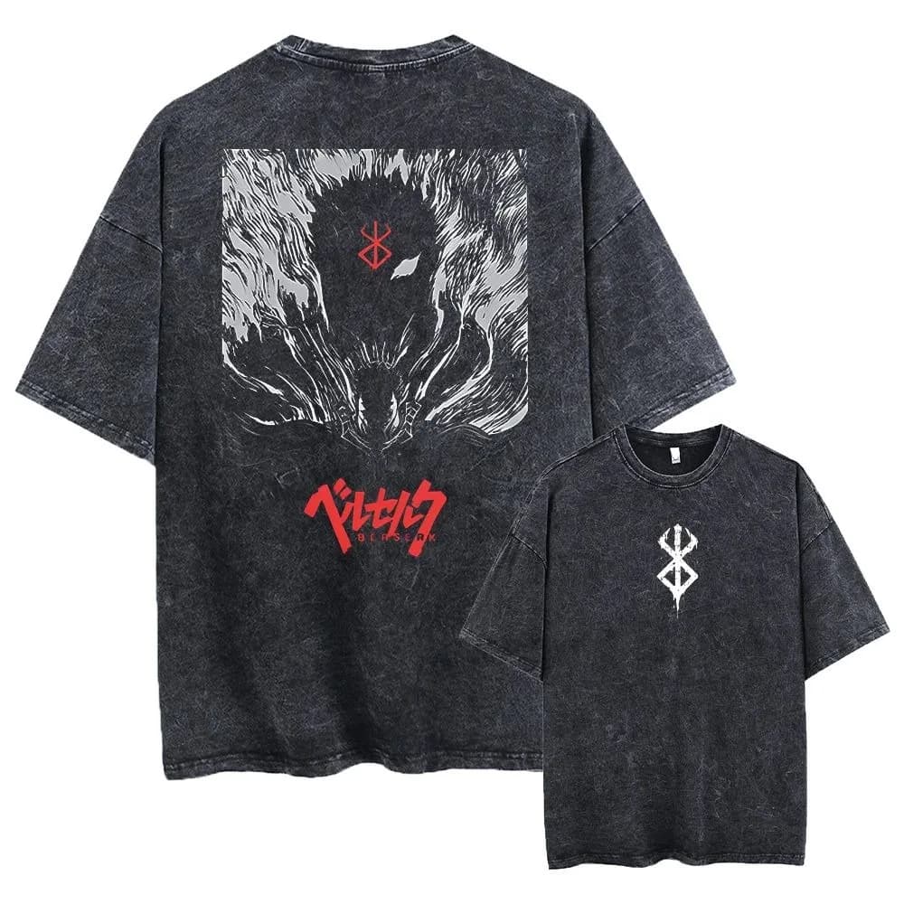 Anime Berserk Guts Acid Tshirt Retro Vintage Washed Graphic Tees Men Harajuku Cotton Casual Short Sleeve Tshirt Tops Unisex