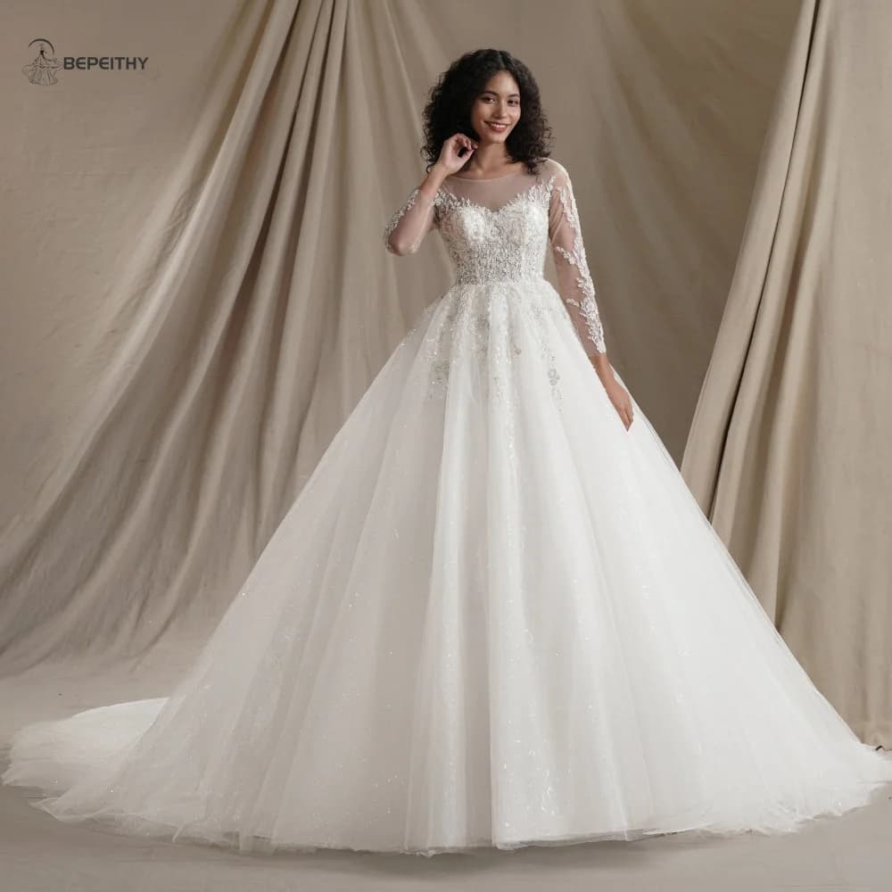 BEPEITHY Customized Muslim Long Sleeves Wedding Dresses 2024 Winter Women Princess Bridal Ivory Luxury Glitter Ball Gown Bride