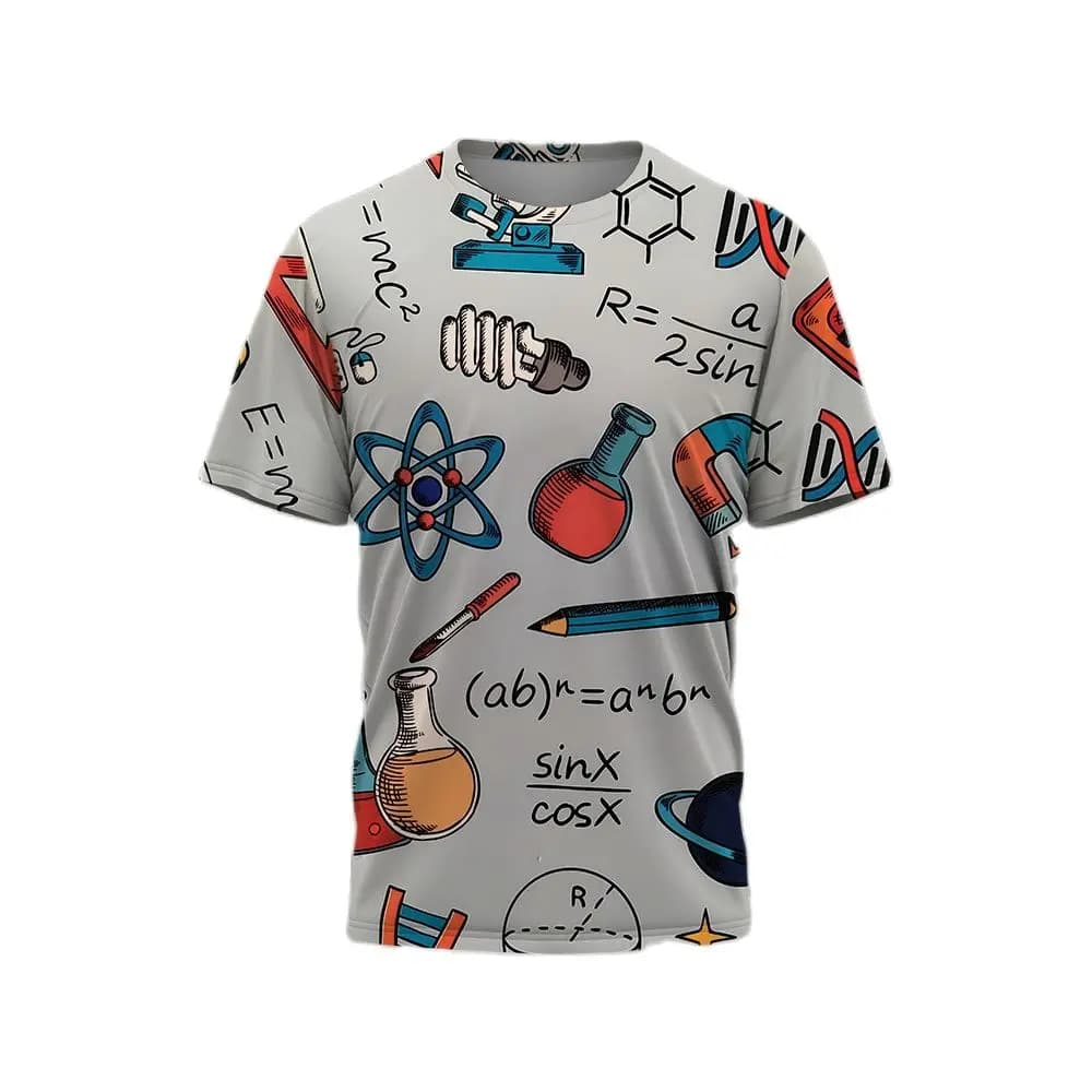 New Summer Men's Retro Math Formula Chemical Pattern Print Casual Trend Y2K Short Sleeve Round Neck Breathable Fresh T-shirt Top
