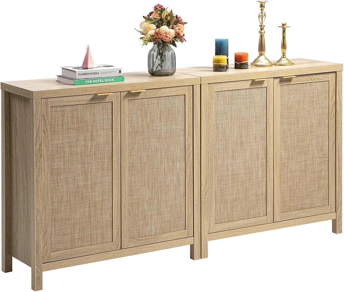 Credenza Sideboard Buffet Rattan Cabinet - Boho Large Kitchen Storage Cabinet with Rattan Storage - Wood Cabinet Buffet