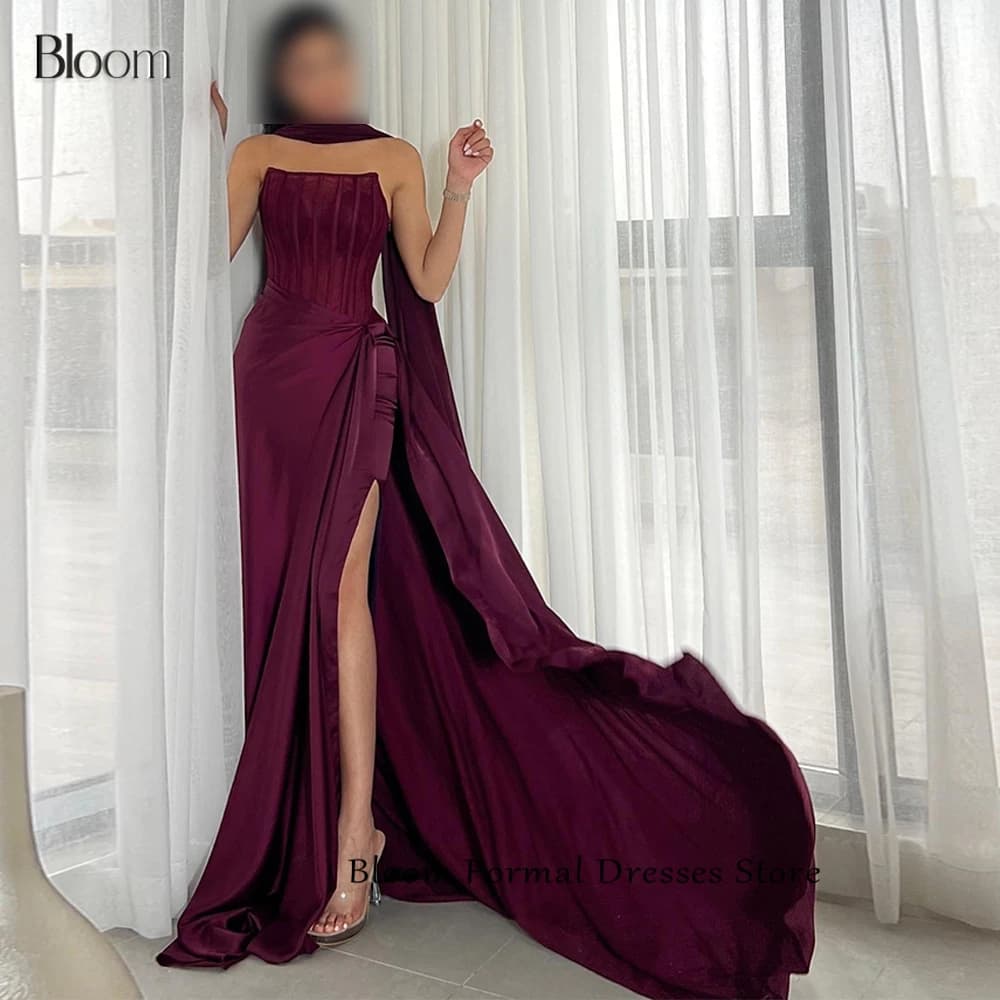 Bloom Boat Neck Sweep Train Bones Side Silt Solid Color Sleeveless Halter A-Line Satin Floor Length Classic Celebrity Dress