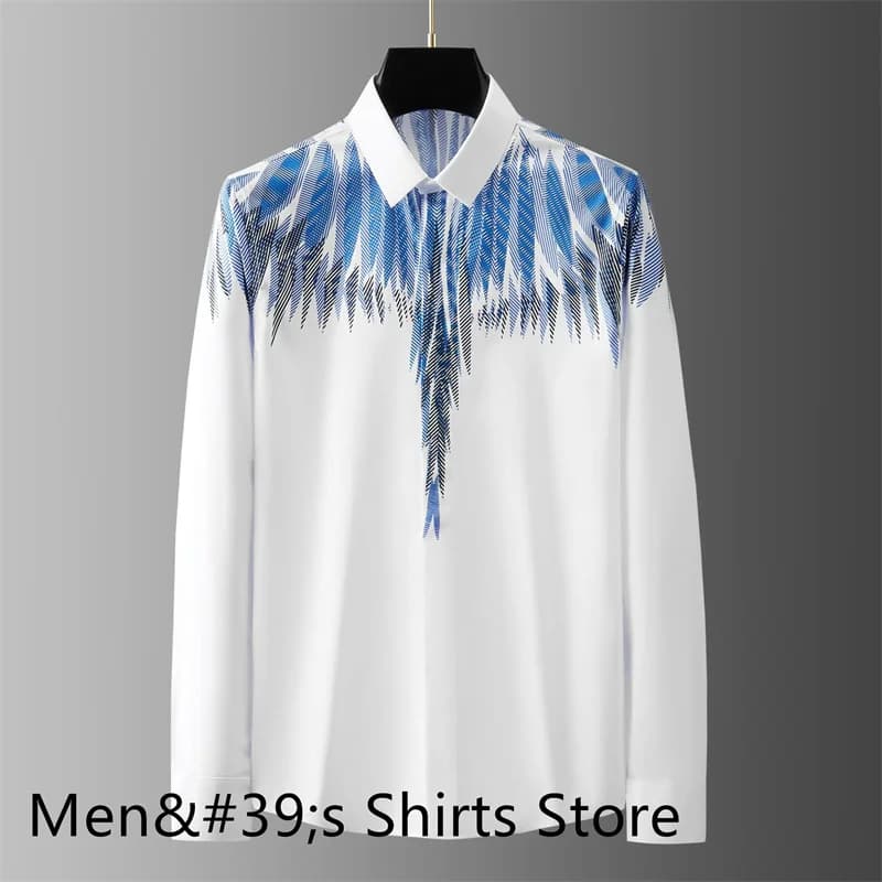 Men's Long Sleeve Shirt Luxury Feather Wings Print Casual Black and White Men's Formal Shirt Simple Party Shirt XS-6XL
