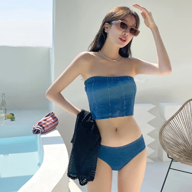wisuwore Bikini Set Women Vintage High Waist Korean Style Bodycon Conservative 3 Piece Swimsuit Sexy College Beachwear