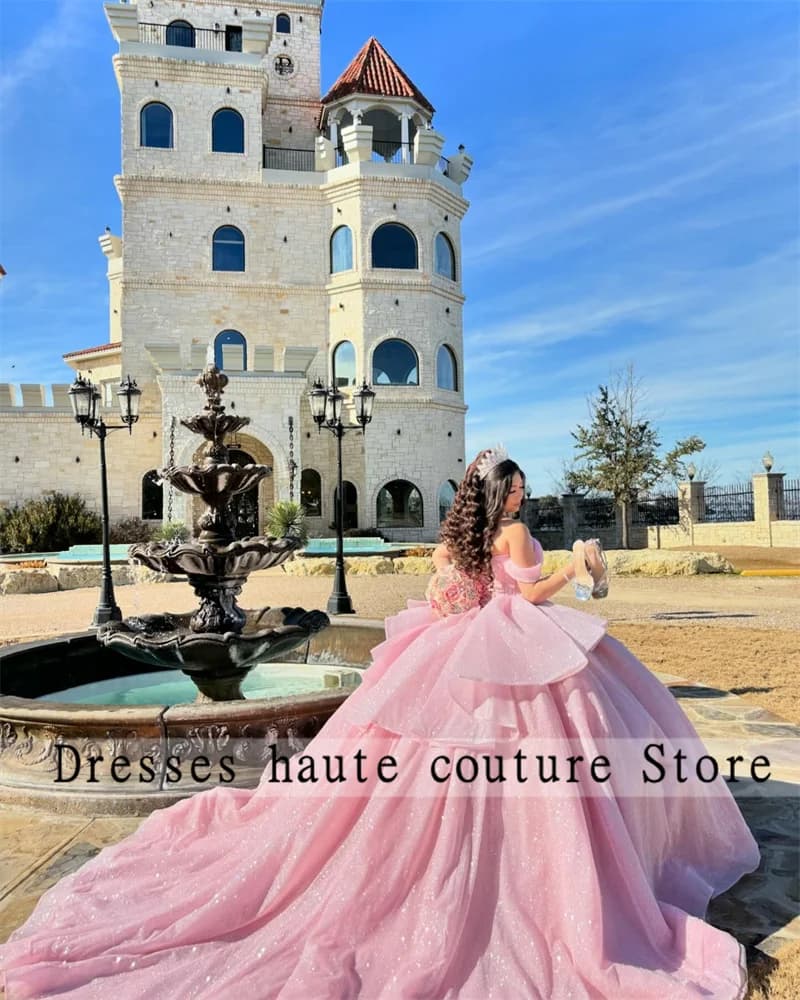 Elegant Pink Tulle Quinceanera Dresses 2025 Customized Ball Gown Beaded Ruffles Sweet 16 Dress Lace-up Corset Vestido De 15 Anos