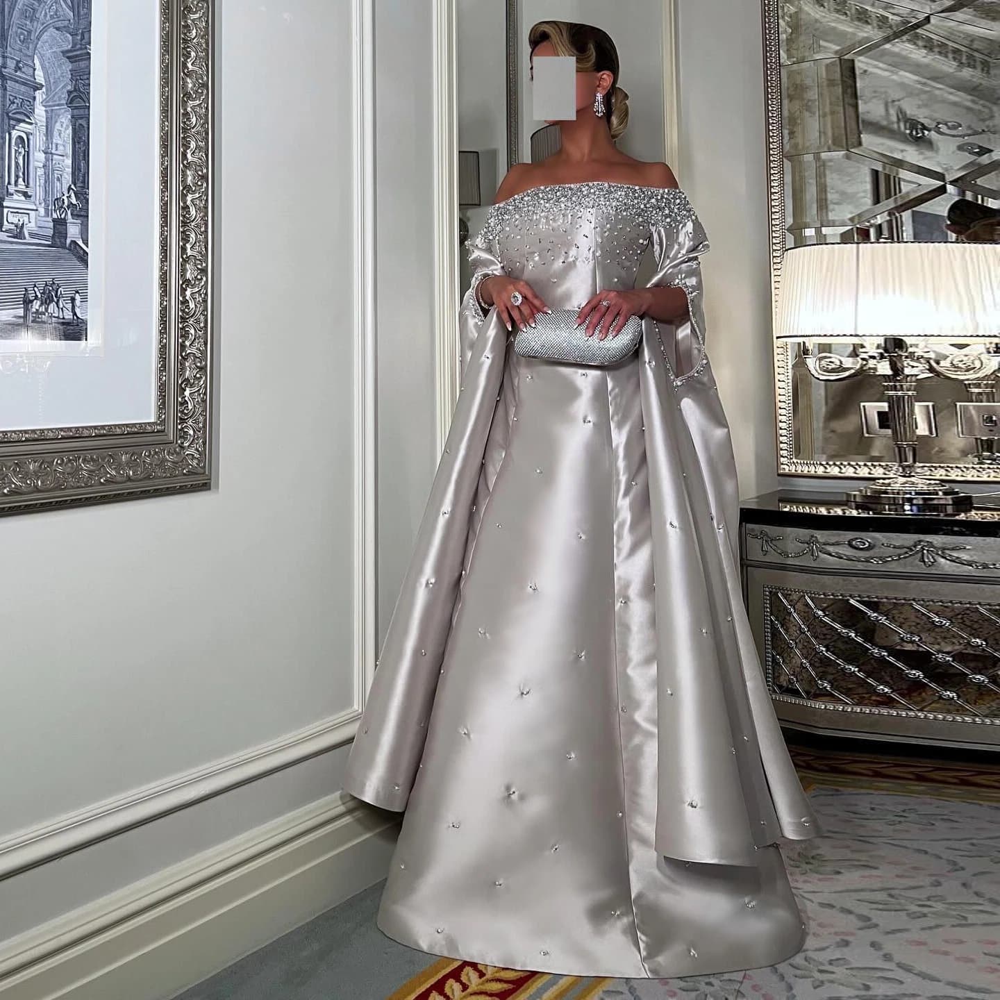 Sharon Said Elegant Off Shoulder Gray Arabic Evening Dress with Cape Sleeve Luxury Dubai for Women Wedding Party SS575 Custom