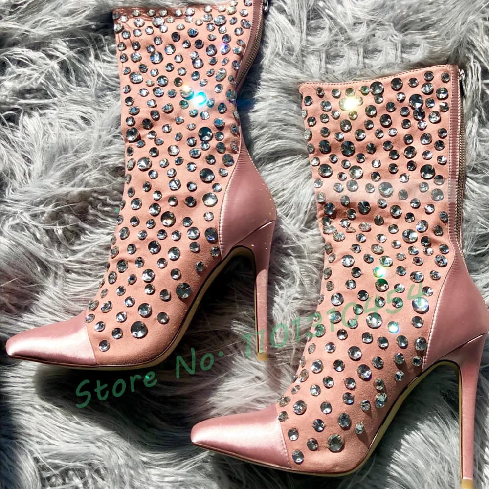 Full Crystals Pink Satin Boots Women Luxury Pointy High Heels Mid-Calf Shoes Sexy Ladies Stylish Casual Party Patchwork Boot