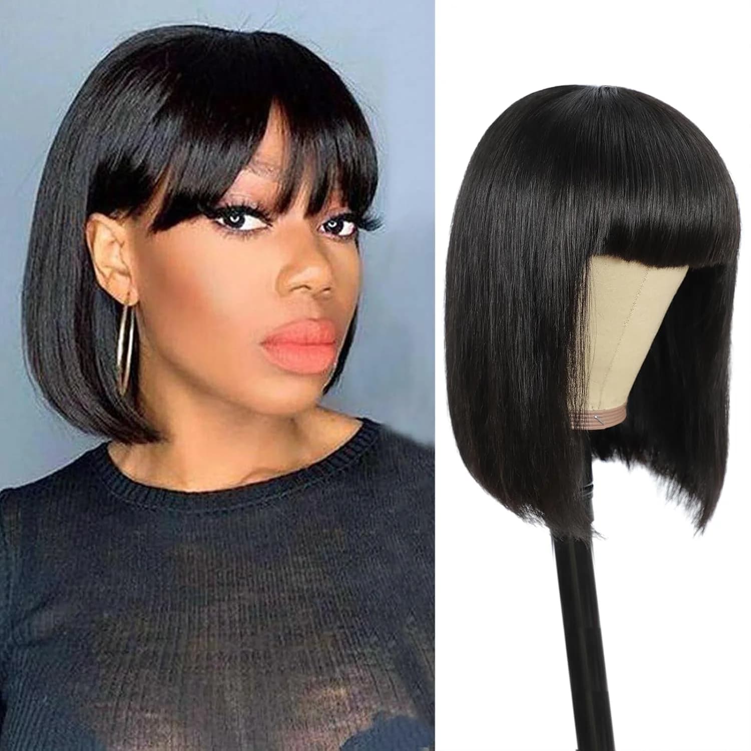 Human Hair Bob Wig Brazilian Straight Human Hair Wigs With Bangs None Lace Front Wigs Glueless Machine Made Wigs For black Women
