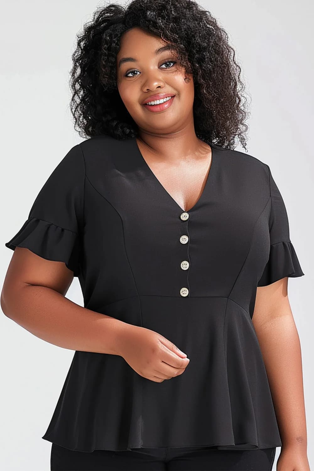Flycurvy Plus Size Casual Black Button Decor Ruffle Tunic Blouse V Neck Half Sleeve Tops