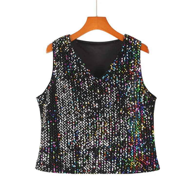 Summer New Sleeveless Luxury Rainbow Sequins Streetwear V-Neck Short T-Shirt Straight Hip Hop High Quality Women's Wear