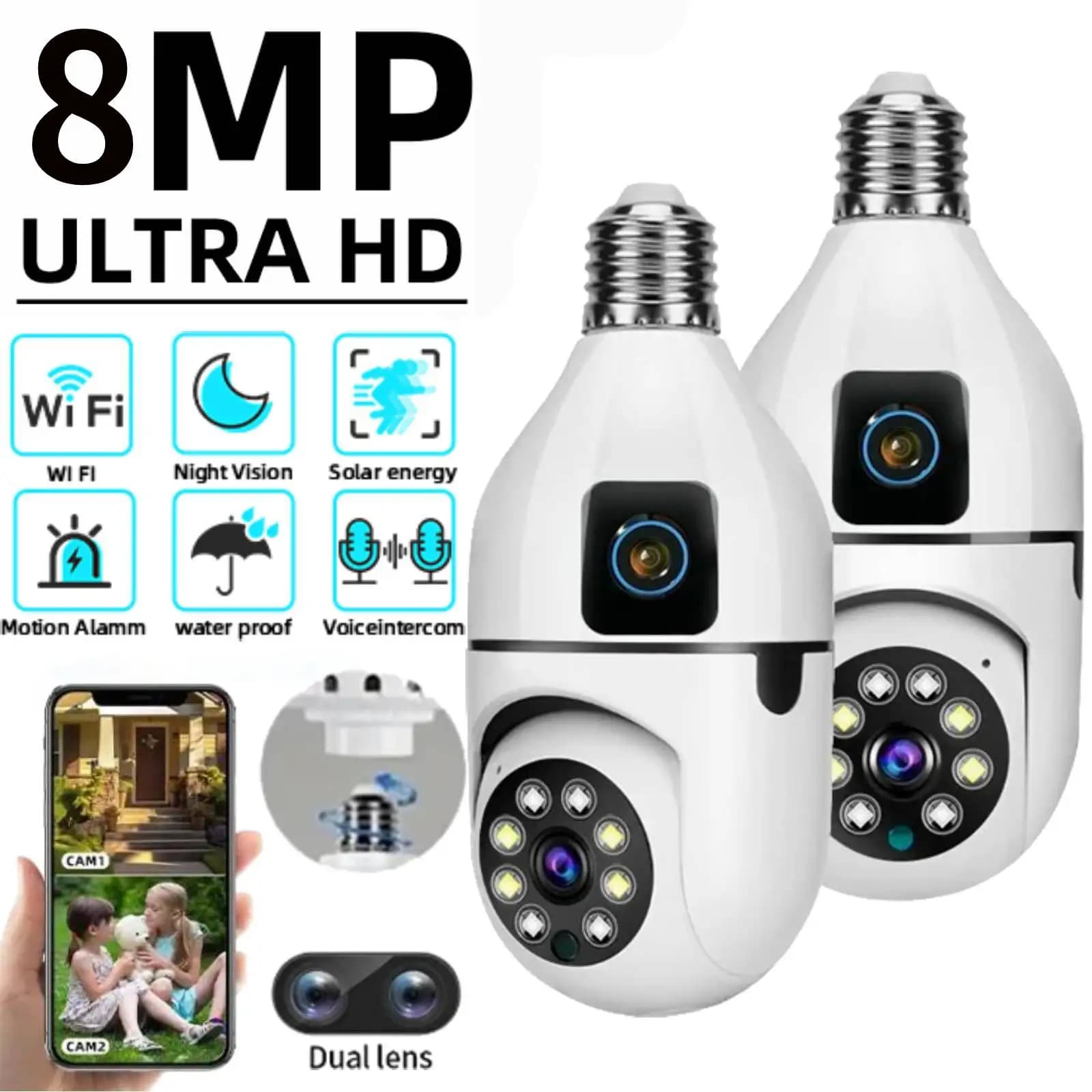 4K 8MP E27 Bulb WIFI Camera Dual Lens Color Night Vision Human Tracking Wireless Two-way Audio Cameras Indoor Surveillance Cam