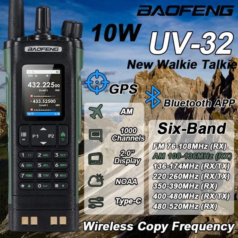 BAOFENG UV-32 GPS Walkie Talkie 10W Multi Band Bluetooth Programming Wireless Copy Frequency NOAA Long Range Ham Two Way Radio