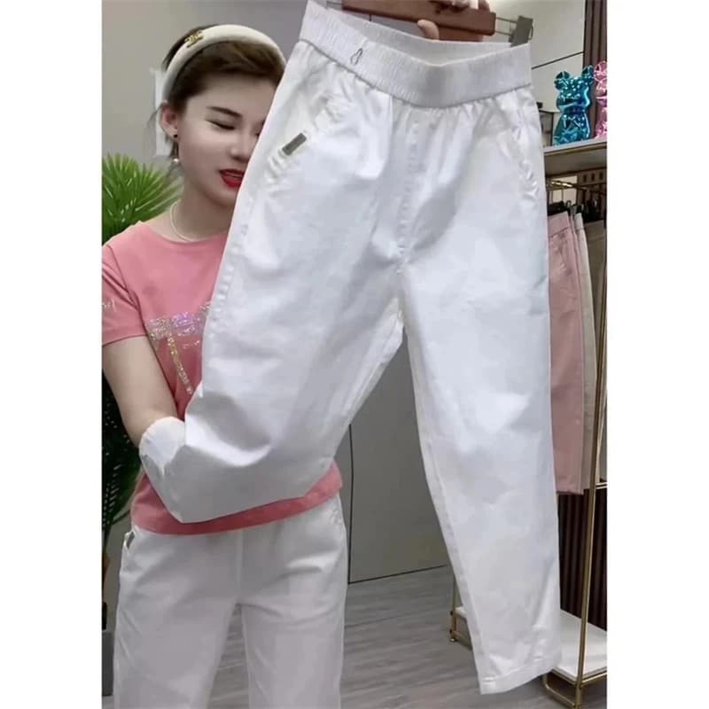 Spring Summer Cotton Casual Pants 2025 New Women Korean High Strecth Waist Harem Pant Female Ankle-Length Straight Trousers