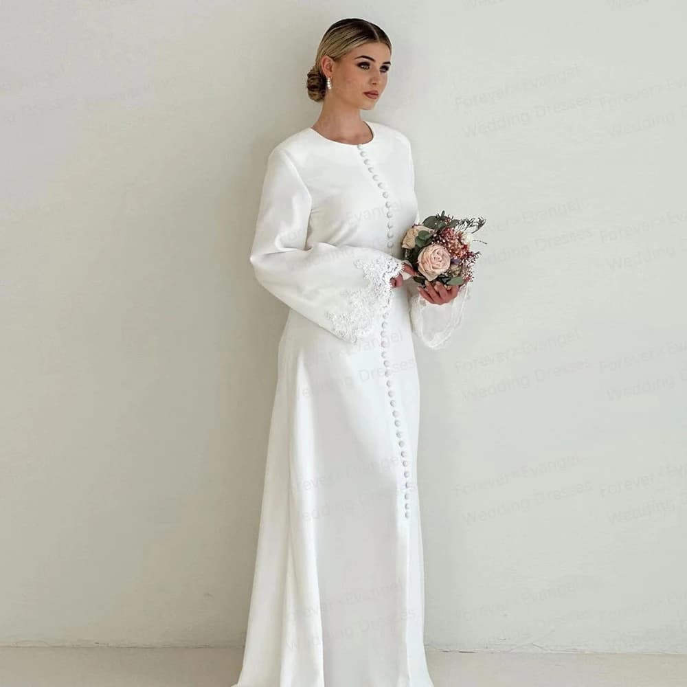 Simple Muslim Wedding Dresses Woman's Mermaid Appliques Button Formal Long Sleeve Split Bride Gowns 2025 Customized فستان الزفاف