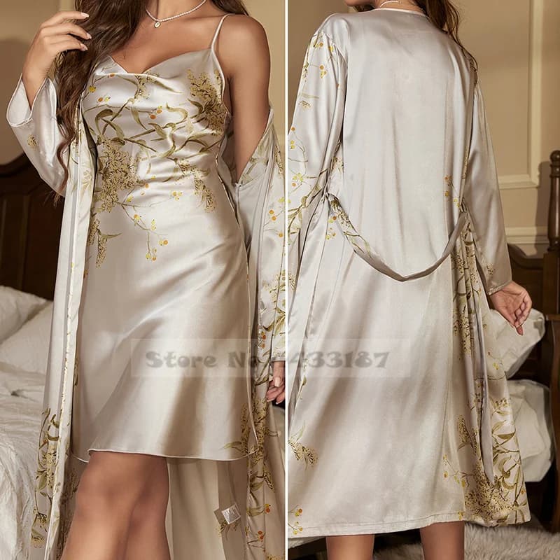 Female Print Floral 2PCS Robe Set Suspender Nightgown Ice Silk Long Kimono Bathrobe Gown Sleepwear Sexy Satin Home Dressing Gown