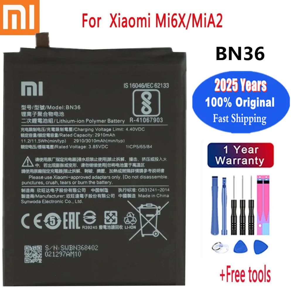 2025 Years BN36 Original Battery For Xiaomi Mi 6X A2 Mi6X MiA2 3000mAh Phone Batteries Bateria Fast Shipping + Tools