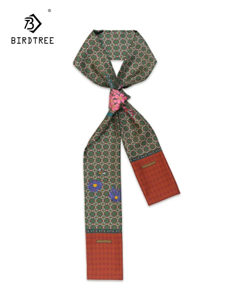 Birdtree 16MM 100%Mulberry Silk Flower Brick Long Scarf 2024 Spring Mom's Retro New Chinese Style Headband Kerchief A3D744QC