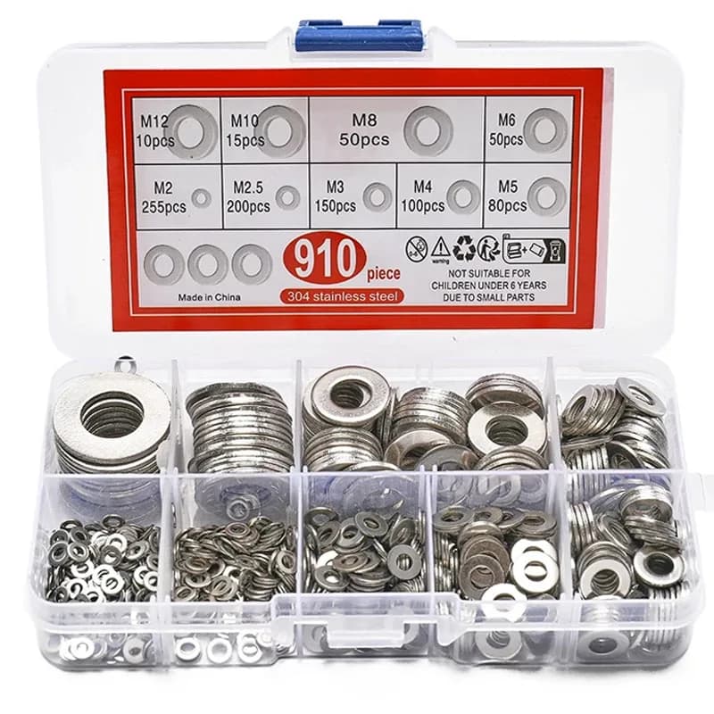 910/200pcs 304 Stainless Steel Flat Washers Assortment Kit (M2 M2.5 M3 M4 M5 M6 M8 M10 M12) Suitable for Home Decoration