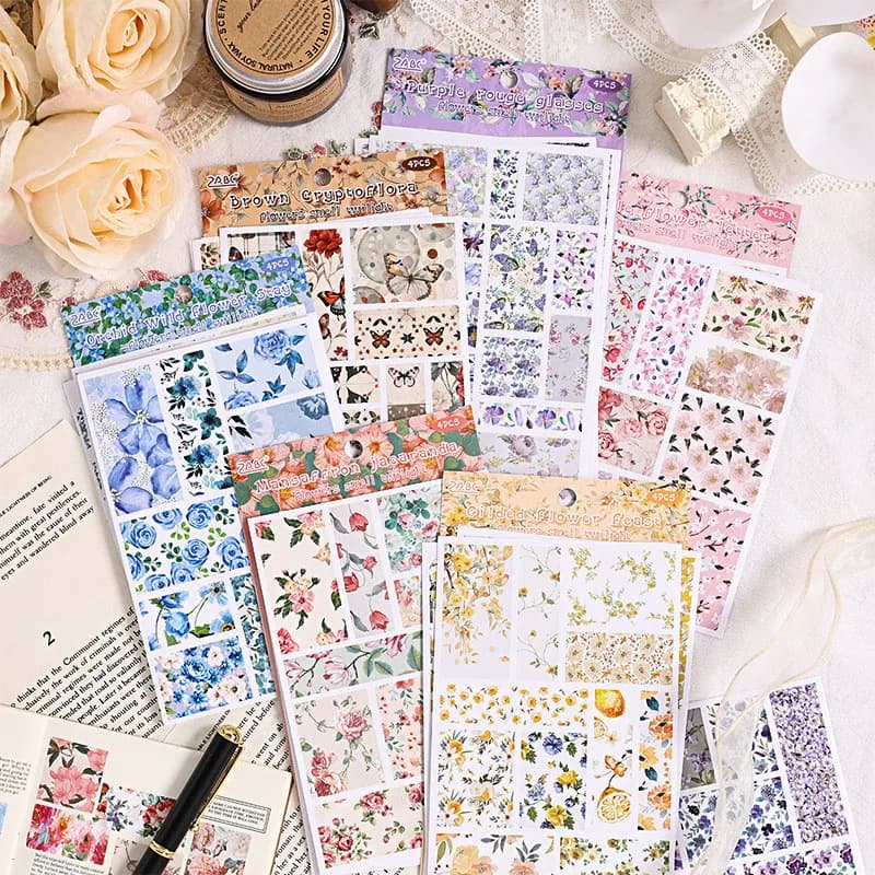 Journamm 4pcs/pack Plant Flowers Stickers Self-adhesive Stickers DIY Scrapbooking Art Collage Photo Album Aesthetics Stationery