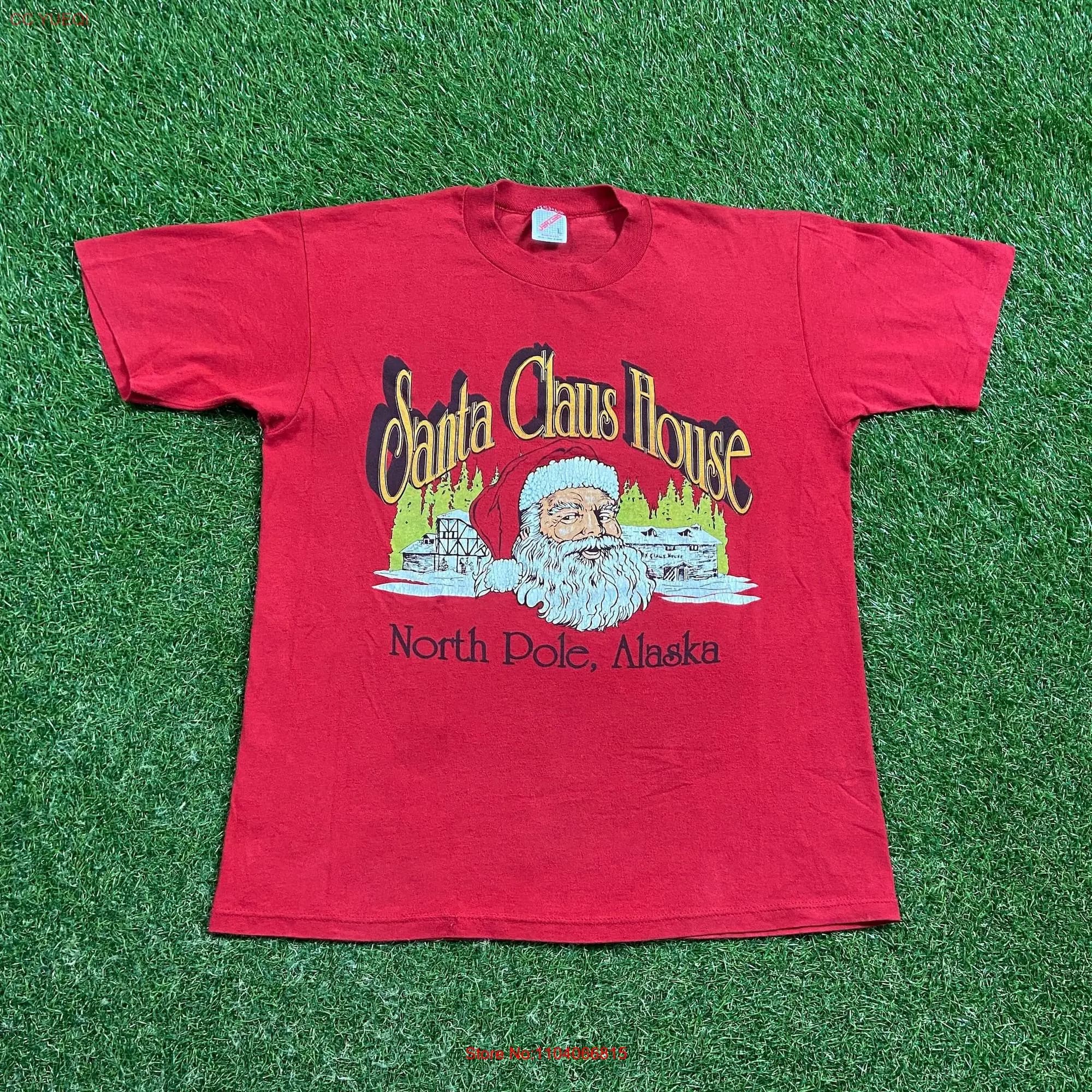 Vintage Santa Claus House T Shirt Made USA Size Large L North Pole Alaska Northern Lights Christmas XMAS 1990s 90s