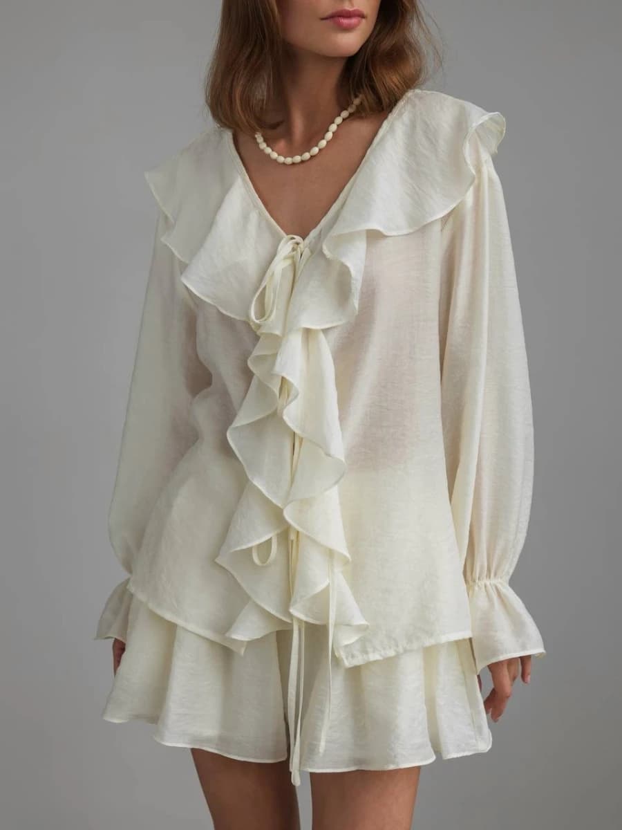 Bornladies Spring New Women's French V-neck Loose Ruffled Shirt Shorts Set Fashion Casual Long Sleeve Loose Shorts Two Piece Set