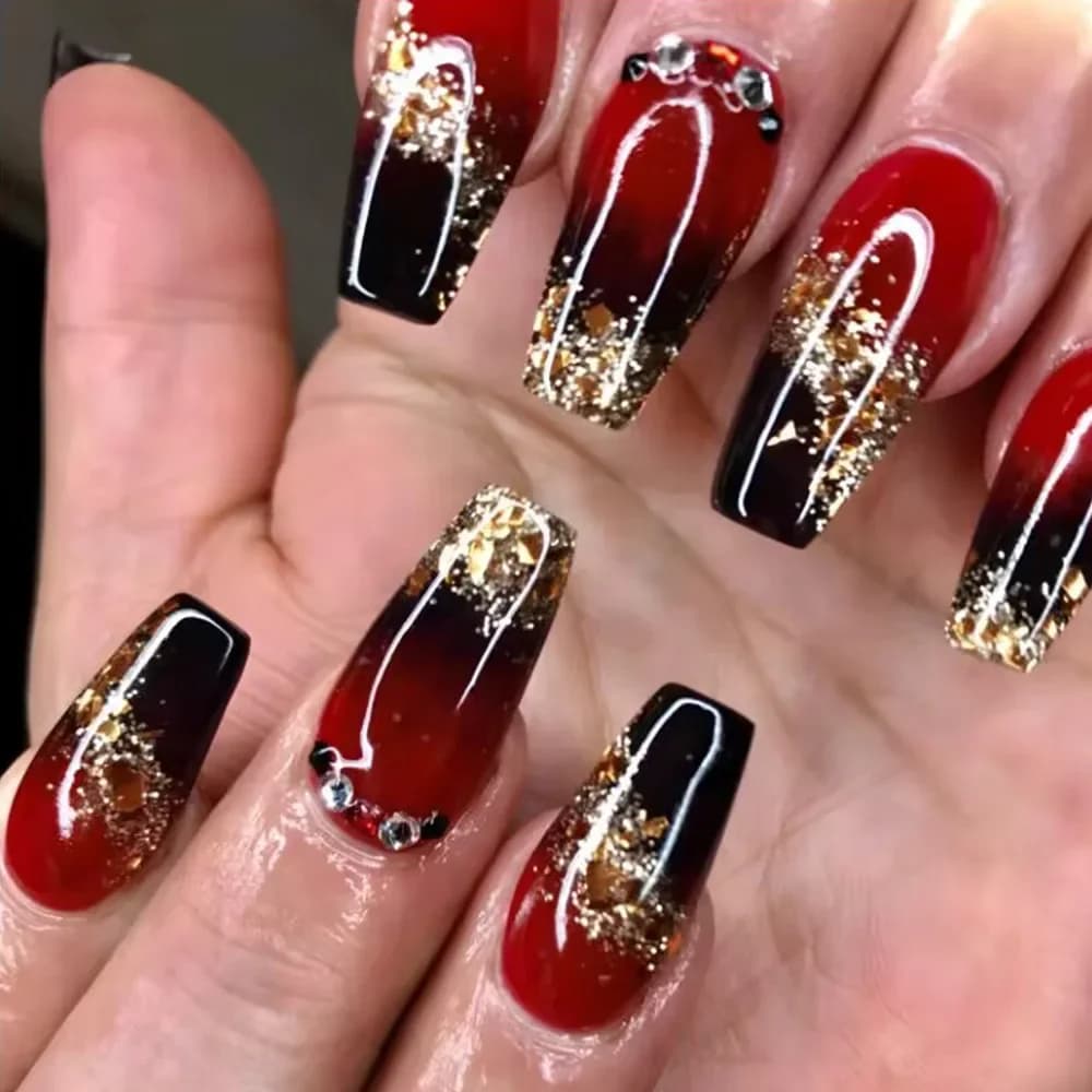 24Pcs French False Nails Press on Wearable Black Red Gradient Fake Nail Sequin Glitter Diamond Design Full Over Nail Tip Acrylic