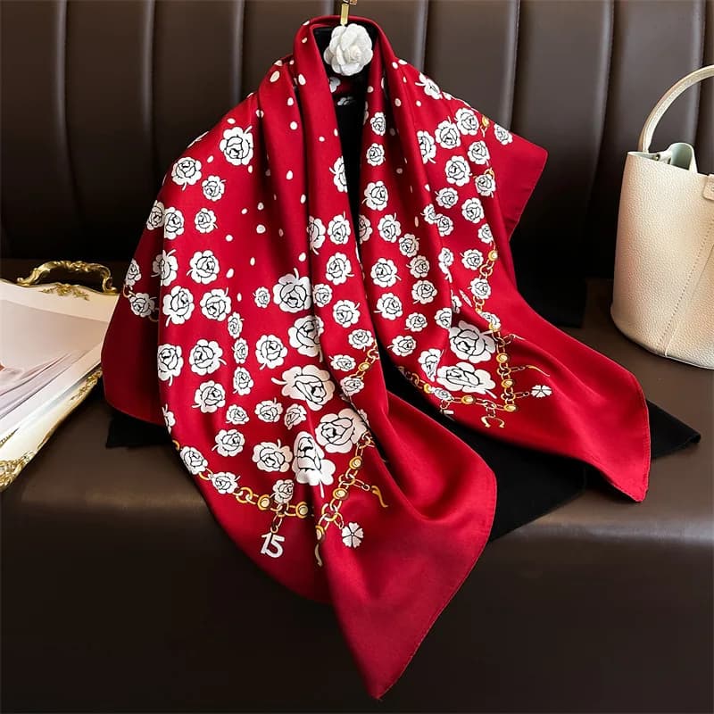 90*90cm Luxurious Satin Silk Square Scarf With Printed Design For Women Neck Scarf, Headband, Fashionable Bandana Elegant