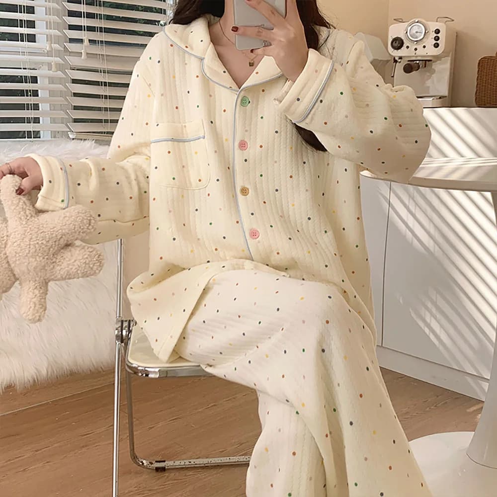 Cotton Pajama For Women's Fall Winter Thicken Warm Lapel Long Sleeve Cardigan Top+Elastic-waist Pants 2Pcs Ladies Home Wear Set