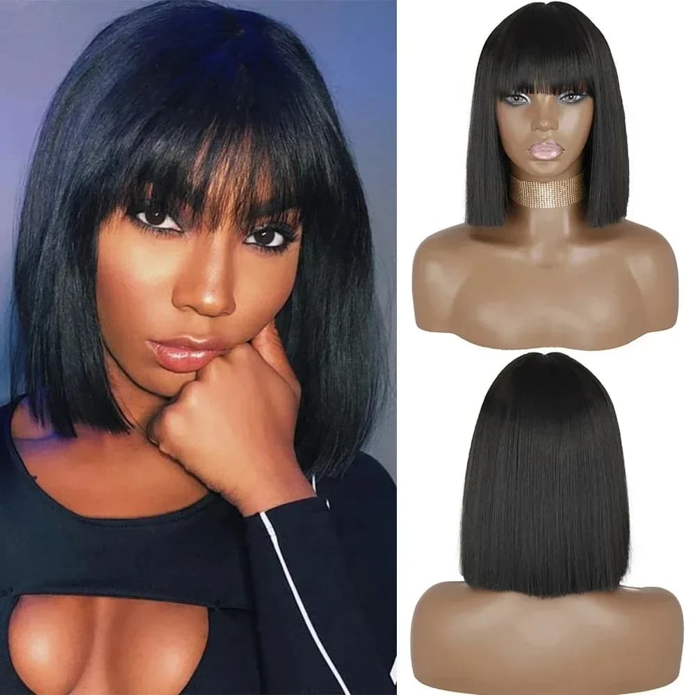 LD Hair Short Bob Wig Straight Brazilian Virgin Human Hair Wigs with Bangs Natural Black Straight Machine Made Wig For Women