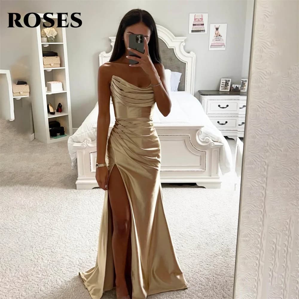 ROSES Gold Mermaid Champagne Prom Dress Gowns Sleeveless Pleat Stain Formal Gowns Side Split Evening Gowns vestidos de noche