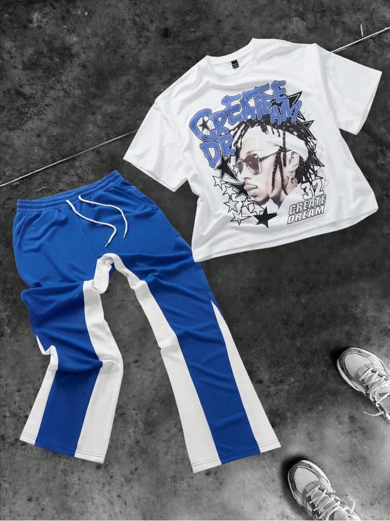 Men's Fashion Casual Drawstring Pants And Round Neck Short-sleeved T-shirt Suit Connector Hip-hop Trend Men's Two-piece Set