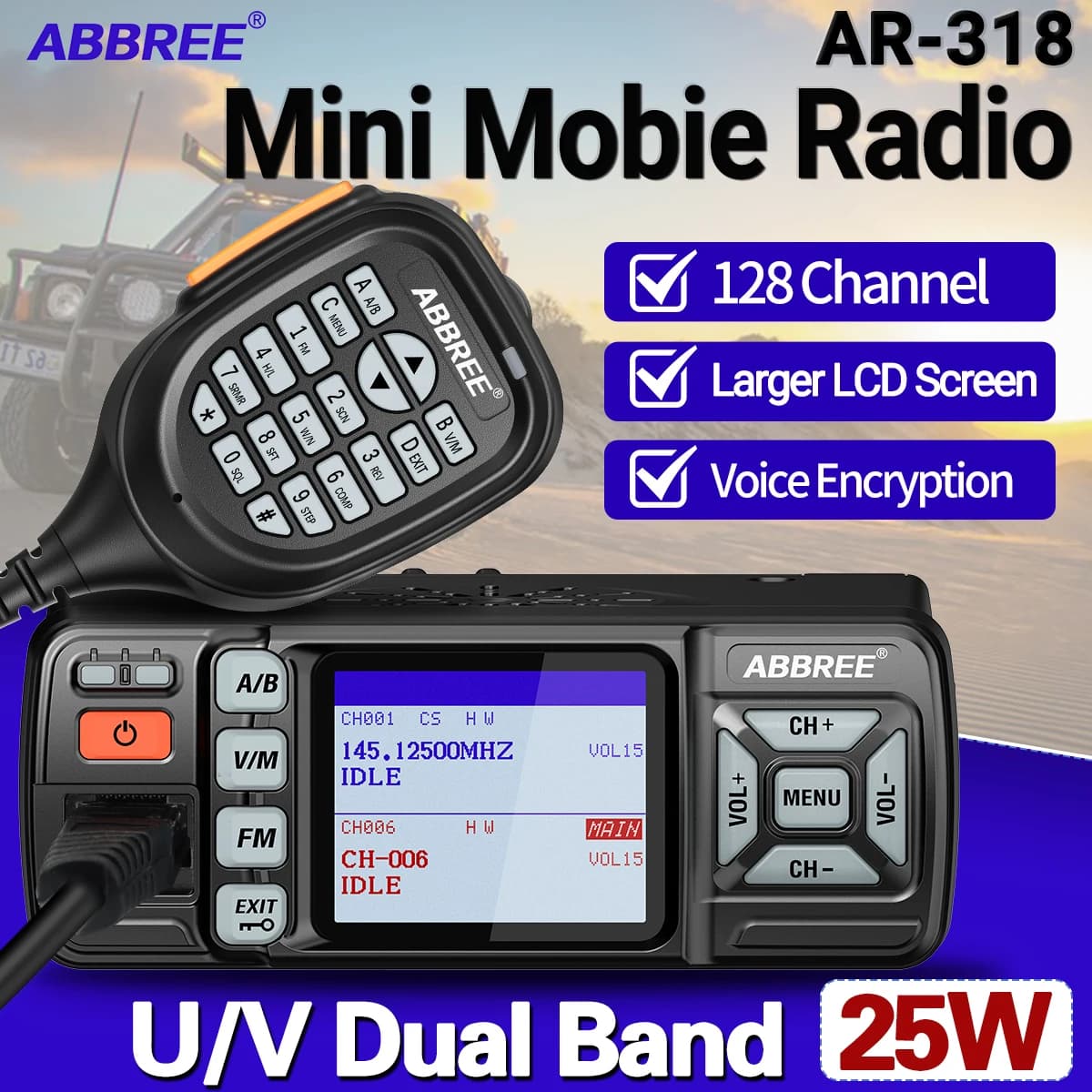 ABBREE AR-318 Mini Mobile Radio 25W Dual Band UHF VHF Long Range Dual Mode Watch Voice Encryption Car Transceiver Walkie Talkie