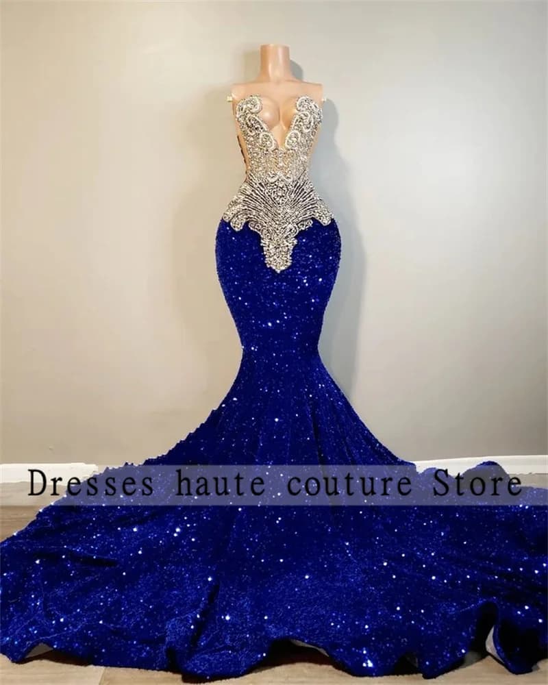 Luxury Royal Blue Sequins Mermaid Prom Dresses 2025 For Black Girls Beaded Crystals Formal Birthday Party Gowns Customized