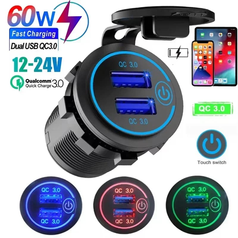 60W Dual QC 3.0 Dual USB Fast Car Charger Socket 12V/24V Waterproof with Switch Auto Car Quckly Charge Adapter Power Outlet