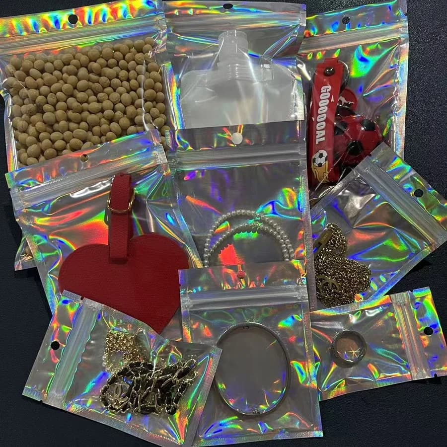 50-piece holographic bag, multi-size laser rainbow pattern self-sealing bag, suitable for candy bag and front window samples