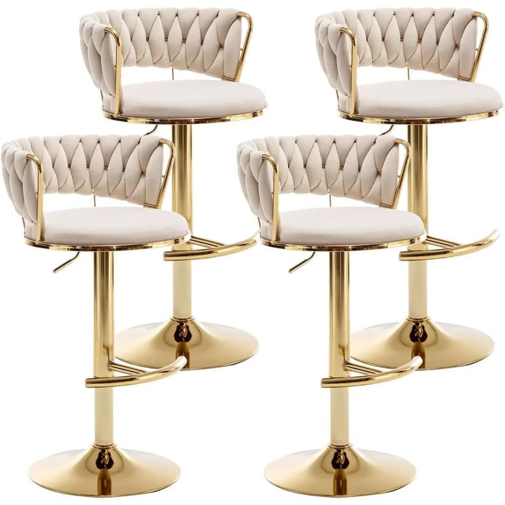 Gold Velvet Bar Stools Set of 4, Counter Height Bar Stools with Low Back, Swivel Stool for Kitchen Island, Bar Pub (Beige)