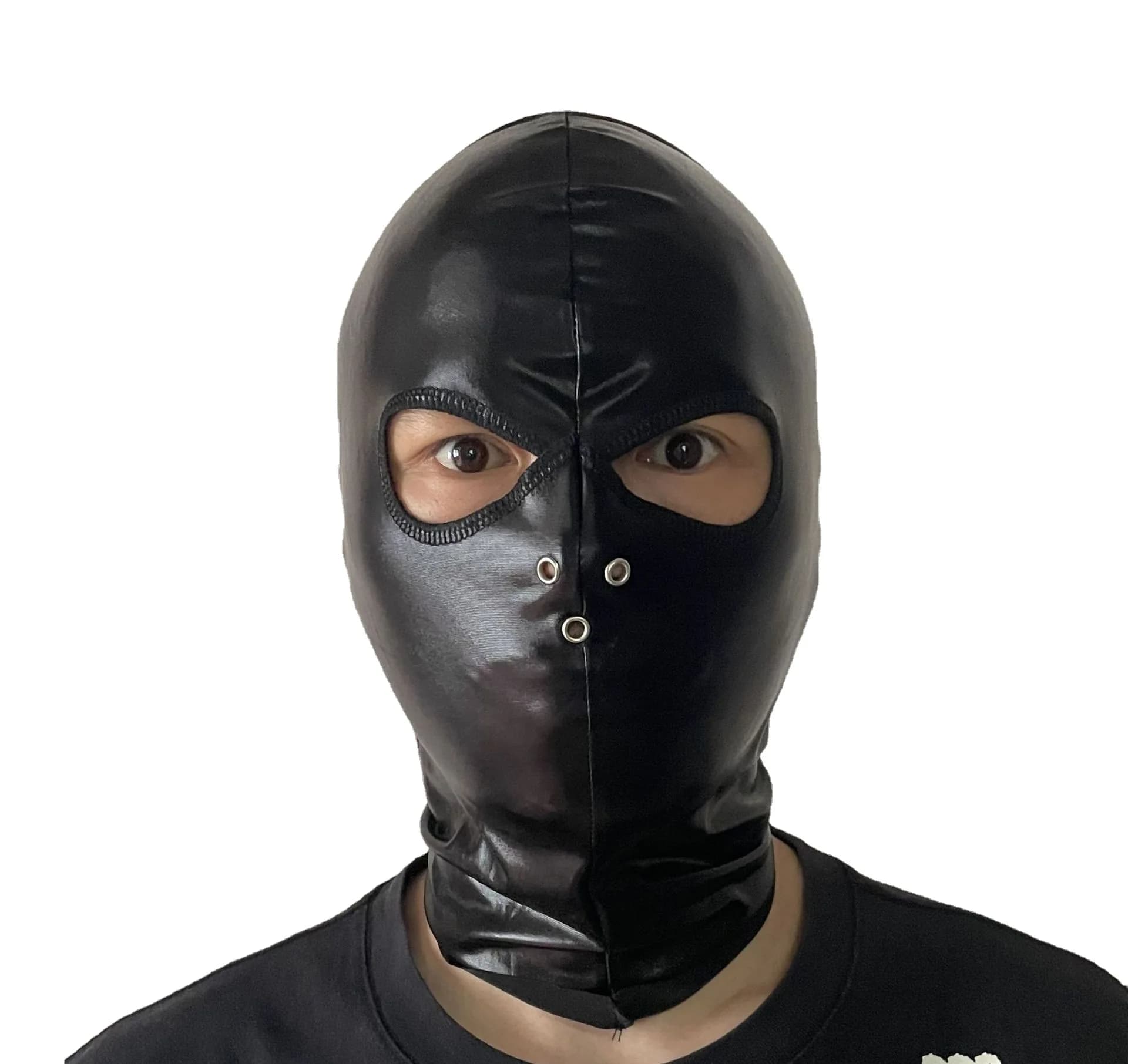 Black Leather Hood Mask Spandex Breathable Mens Latex Headpiece Coplay Mask for Costume Party Role Play Headgear