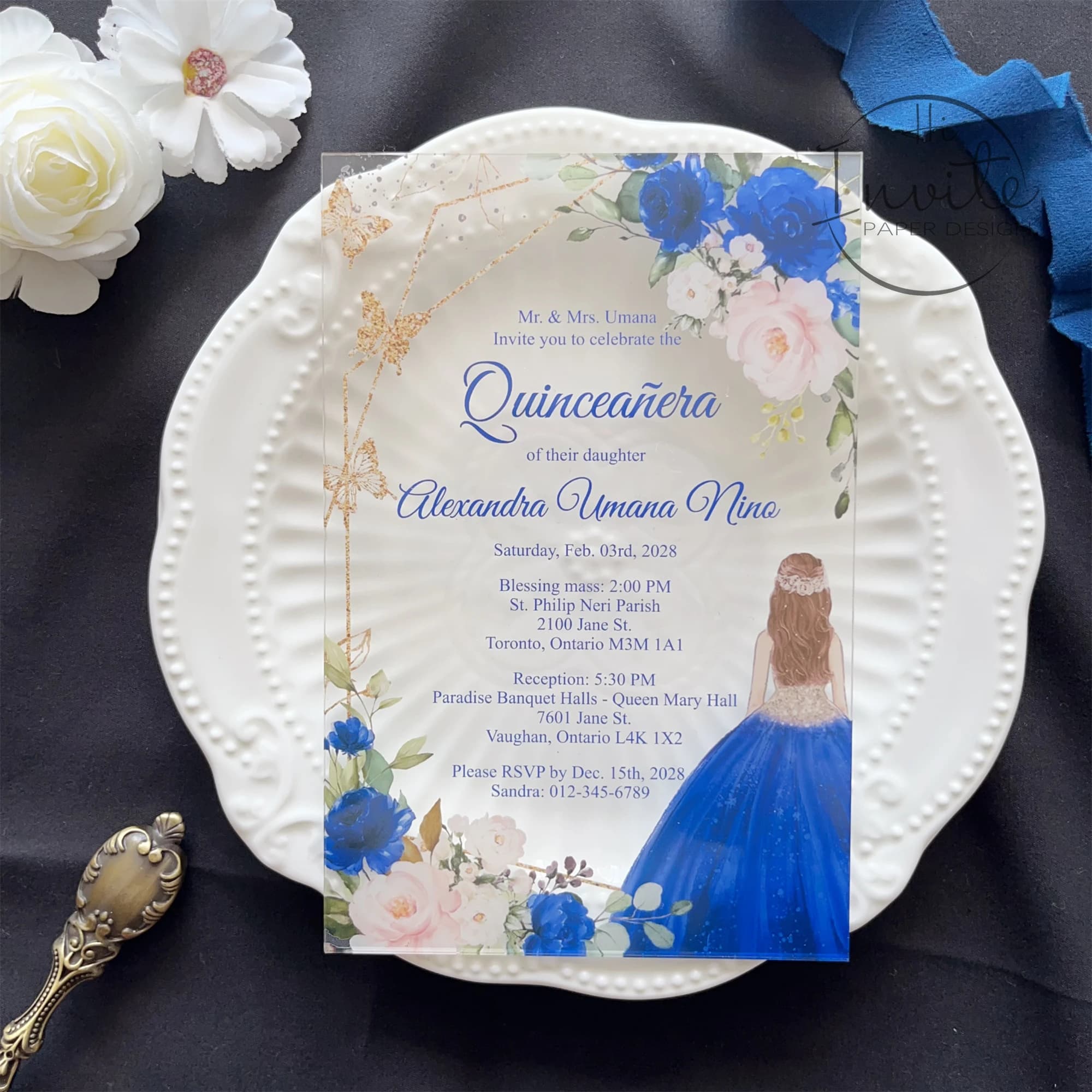 Royal Blue Rose And Gold Geometry Butterfly Quinceañera Invitation, Fancy Sweet 15 Invite, Modern Mis XV Anos Card In Spanish