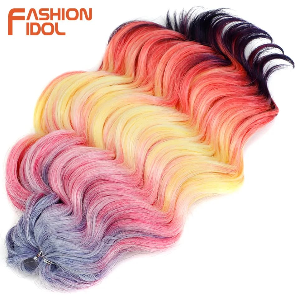 FASHION IDOL 300g 3PCS 16 Inch Deep Wavy Crochet Hair Synthetic Crochet Braids Ombre Orange Red Rainbow Braiding Hair Extensions