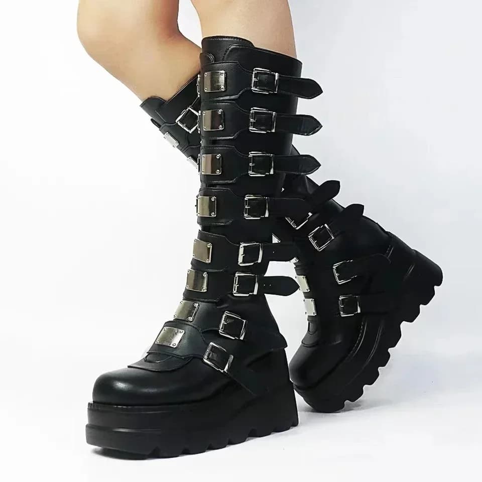 Long Boots Women Gothic Shoes Platform Knee High Boots Punk Black Sexy Motorcycles Boots 2025 New Halloween Cosplay Women Boots