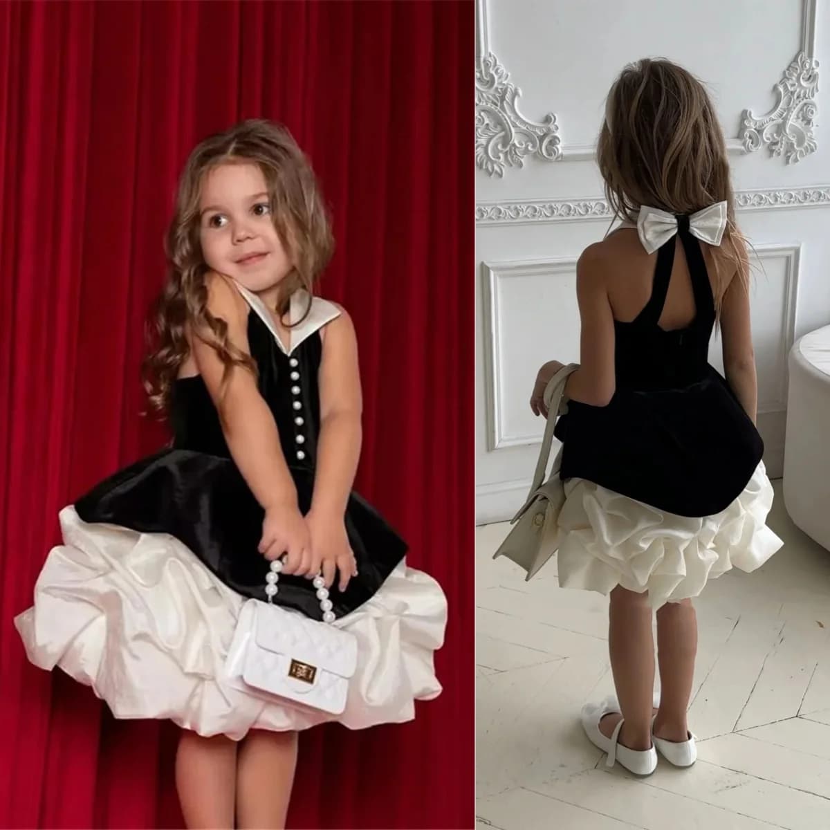 Black Flower Girl Dresses for Wedding With Bow Pearls Girl Kids Birthday Ball Gown First Holy Communion Gowns Customized