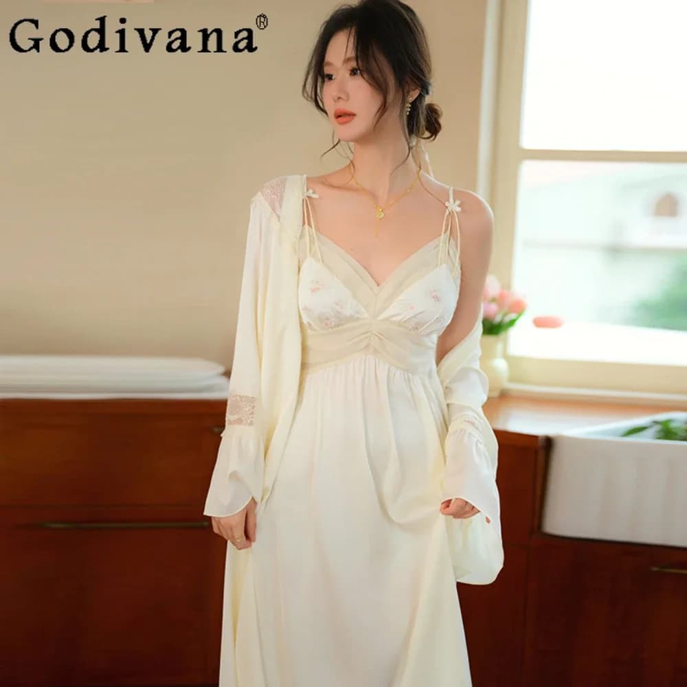 French Nightgown Women's Sexy Suspenders Nightgowns Robe Two-piece Dressing Gown Spring Autumn Pajamas Loungewear